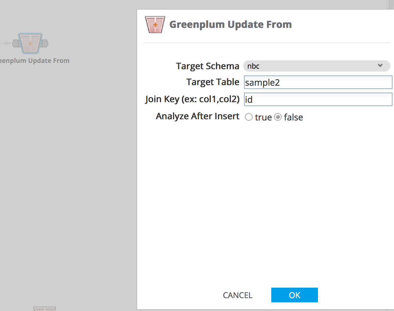 Greenplum Update Operator Parameters